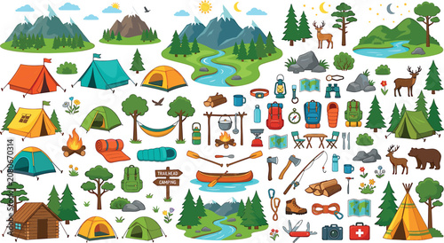 Outdoor camping and hiking vector elements set featuring tents mountains gear wildlife forest trees and campfire icons bundle