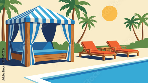 Cuadro en lienzo Poolside Cabana with Sun Loungers Vector Illustration