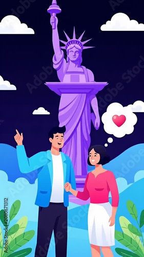 Couple on romantic date at Statue of Liberty illustration.