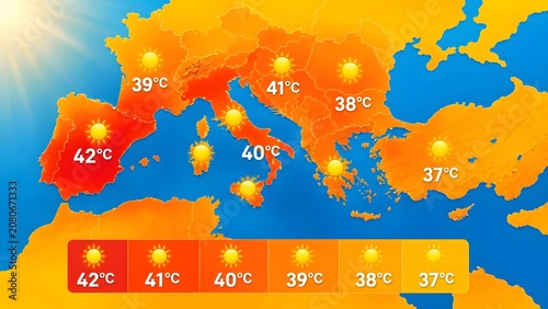 Europe map showing severe summer heatwave and extreme high temperatures forecast with glowing sun and degrees