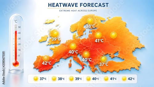 3D topographical map of Europe showing extreme heatwave conditions with thermometer and high temperature forecast