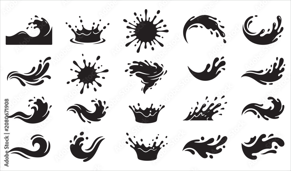 Obraz premium Ink Splash Crown Vector Collection and Set of black liquid drips and ink splashes isolated on a white background. Vector illustration