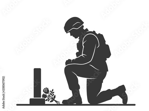 Fotografie Soldier kneels at grave with rose, showing respect and sorrow
