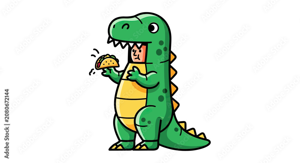 Obraz premium Person in dinosaur costume eating a taco.
