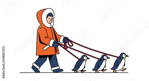 Person walking three penguins on leashes in arctic snow.