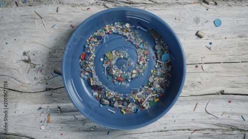 Microplastics collected in blue basin on weathered wood