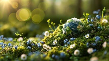 Planet earth globe in green forest moss with wildflowers concept background for earth day sustainability design banner