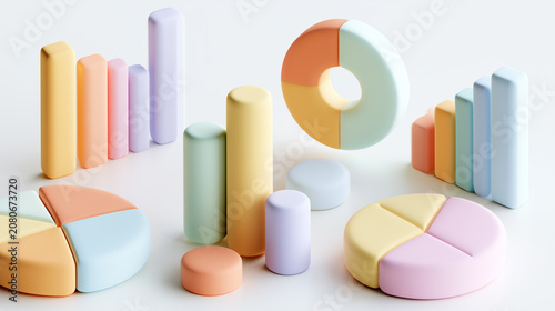 Cute 3D claymorphism data charts and graphs in pastel colors on a white background