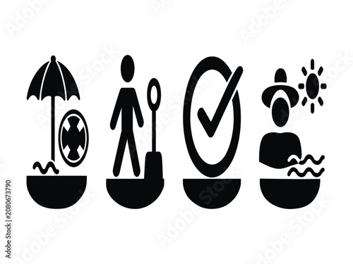 Foto Black and white icons of people swimming and sunbathing in the pool with umbrell