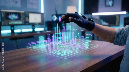 Engineer wearing haptic glove manipulating a glowing holographic digital city model on a wooden desk