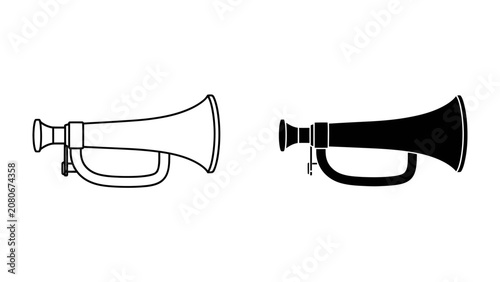 Photography Horn Trumpet Vector: A stylized vector illustration showcases a horn trumpet in both outline and solid black forms, highlighting its classic design and sound-making function
