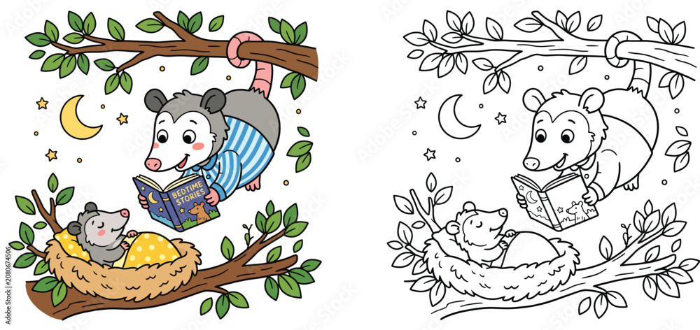 Naklejka premium Cute cartoon opossum reading a bedtime story to its baby sleeping in a tree nest, featuring both colorful illustration and black and white coloring page outline.