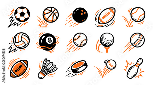 Various hand drawn sports ball icons with motion lines including soccer basketball football and baseball on white background, illustrating athletic activities or competition branding