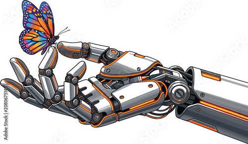 Schilderij op canvas Futuristic Robotic Cybernetic Hand Vector Illustration with Colorful Monarch But