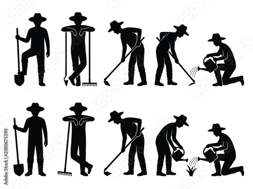 Black and white handmade vector agriculture farmer worker planting activity silhouette icon set