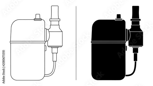 Tableau sur toile Water Meter Duo: Two identical water meters, one in silhouette and the other in line art, display the same essential utility metering device with contrasting styles