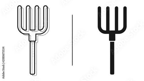 Bild auf Leinwand Pitchfork Duo: A stark visual comparison showcasing a black solid pitchfork silhouette next to a stylized line art rendering with subtle shadow effect