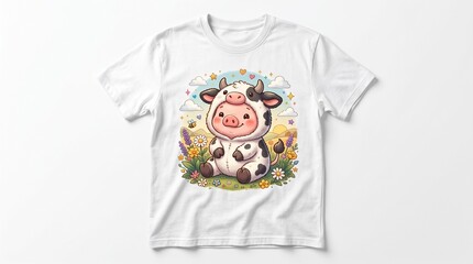 A white t-shirt with a colorful cartoon cow design on the front is laid out on a plain surface in a studio setting for photography.