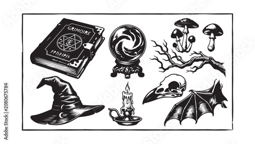 Картината върху платно Grimoire and Witchcraft Elements Engraved Style Collection