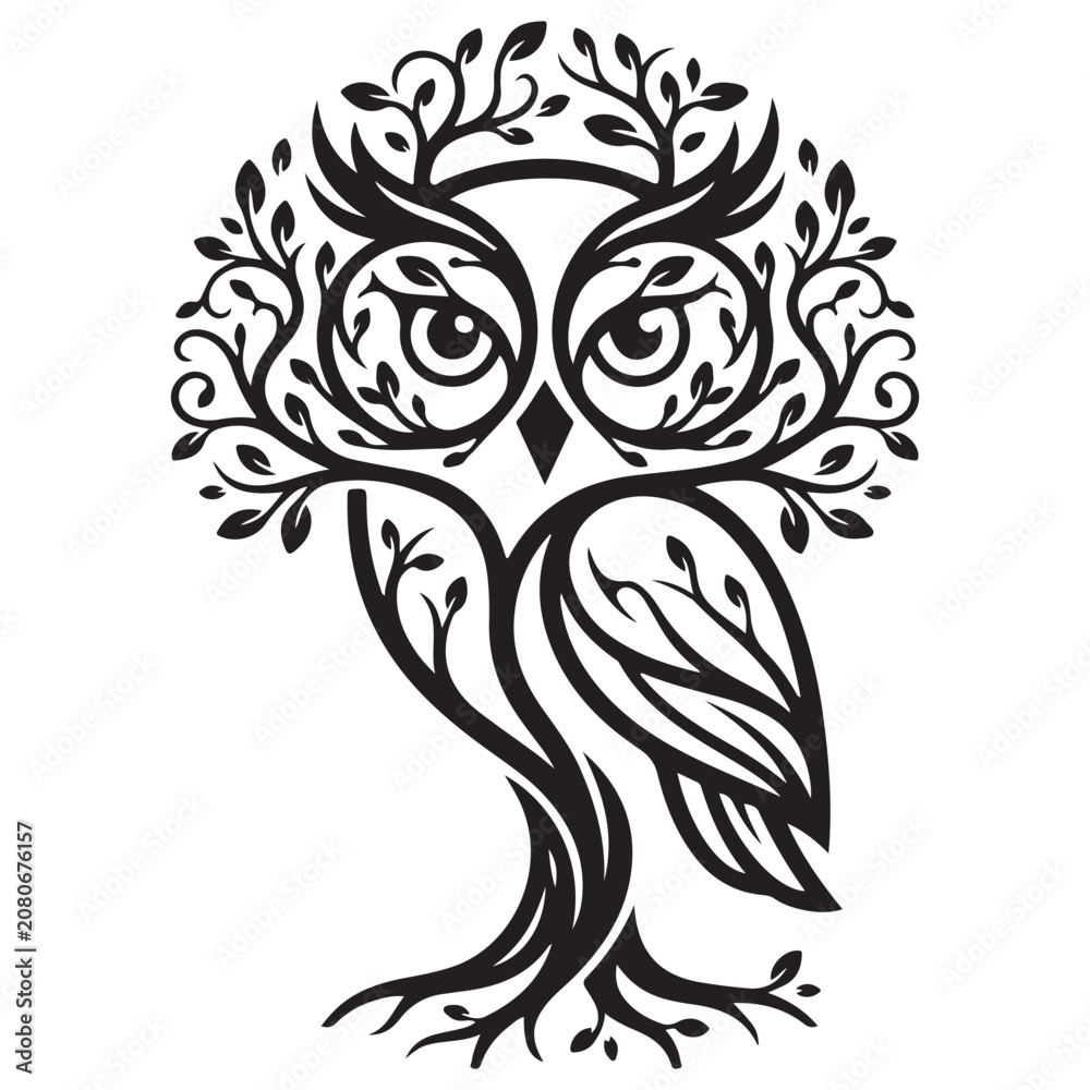 Fototapeta premium Decorative Tree Owl Logo Style Silhouette Line Art Bold Outline Nature Vector Emblem Illustration