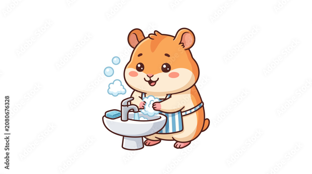 Fototapeta premium Cute Hamster Washing Hands with Soap and Water in Sink, Hygiene Concept