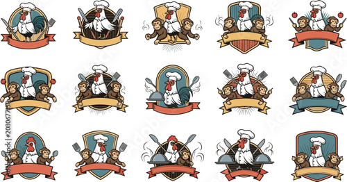 Canvas Print Vintage restaurant logo bundle featuring a rooster chef mascot and monkey kitche