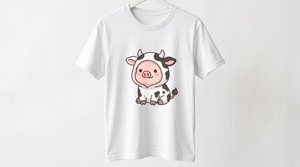 A minimalist white t-shirt hangs on a hanger displaying a cartoon cow design