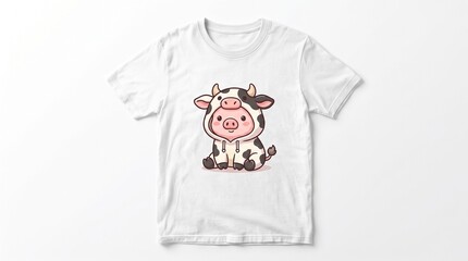 A minimalist white t-shirt with a cartoon cow design lying on a plain surface