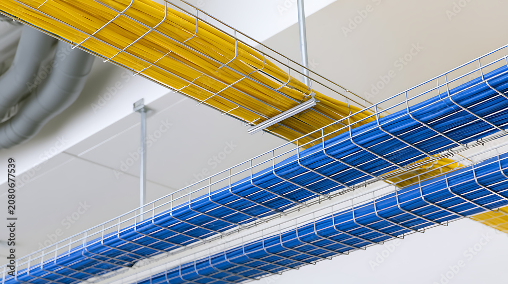 Fototapeta premium Organized Network Cables in Wire Trays on a Ceiling for Data Transmission and Infrastructure in a Modern Technology Environment