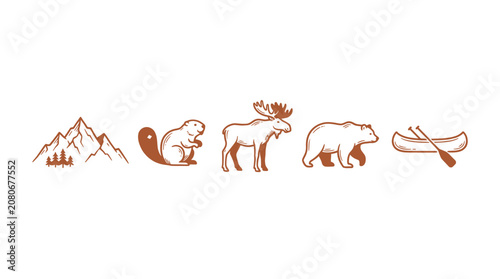 Handmade vector forest wild animal outline drawing with squirrel moose and bear