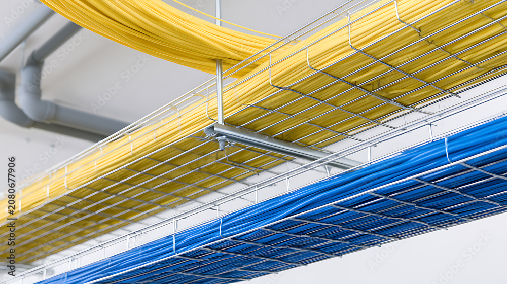 Fototapeta premium Vibrant Yellow and Blue Network Cables Neatly Arranged in Metal Trays on a Ceiling, Symbolizing Modern Connectivity and Organized Infrastructure