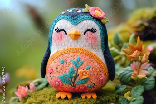 Colorful embroidered penguin plush toy with floral patterns, surrounded by vibrant greenery and small flowers in a natural outdoor setting