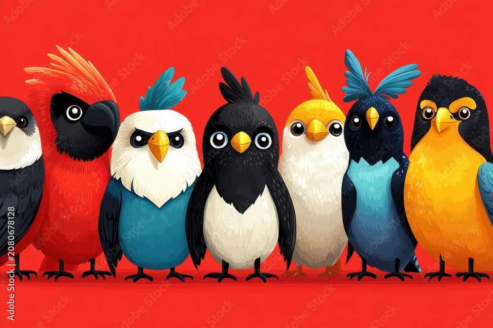 Fototapeta premium Colorful cartoon birds in a row against a vibrant red background, showcasing various species with distinct features and expressions