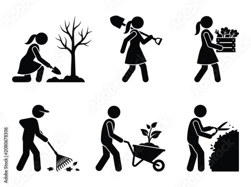 Black and white handmade vector gardening planting stick figure silhouette activity icon set