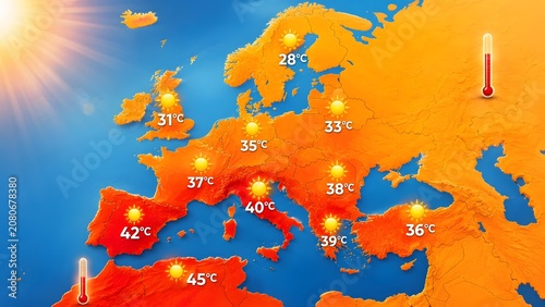 Extreme Heatwave Weather Map of Europe Showing Record High Temperatures and Intense Sun Glare