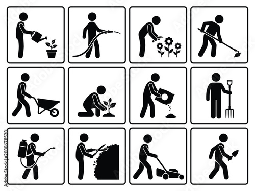 Black and white handmade vector agriculture and gardening stick figure activity icon set