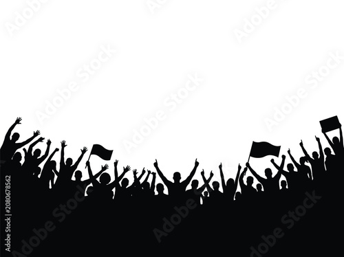 Cheering crowd silhouette with flags handmade vector background illustration in black and white