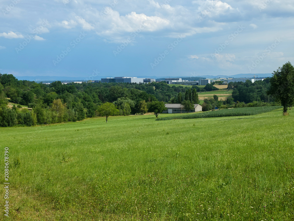 Fototapeta premium germany, scenic summer landscape overlooking ostfildern scharnhausen industrial buildings framed by green meadows forest and quiet rural road