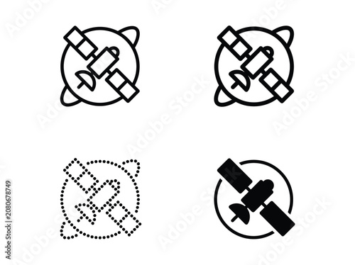 Space satellite communication orbit handmade vector icon set in black and white