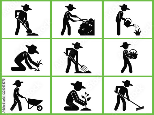 Black and white handmade vector gardening stick figure silhouette icon set