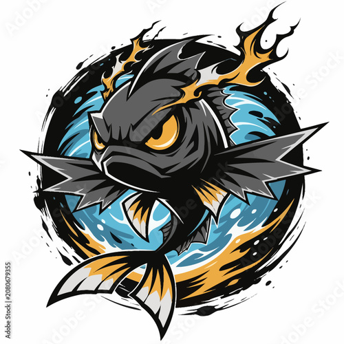Foto Fierce Angry Cartoon Fish with Sharp Teeth and Fins.