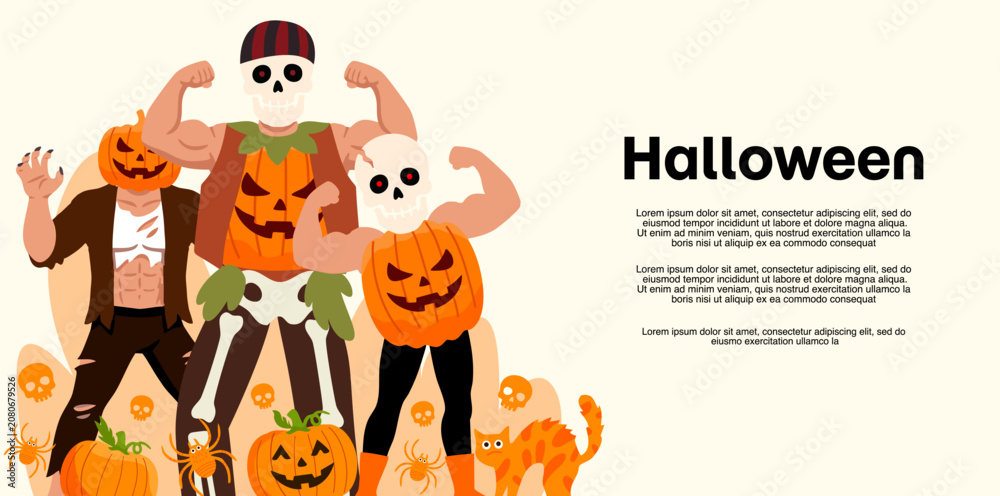Fototapeta premium happy children wearing spooky costumes celebrating halloween party banner