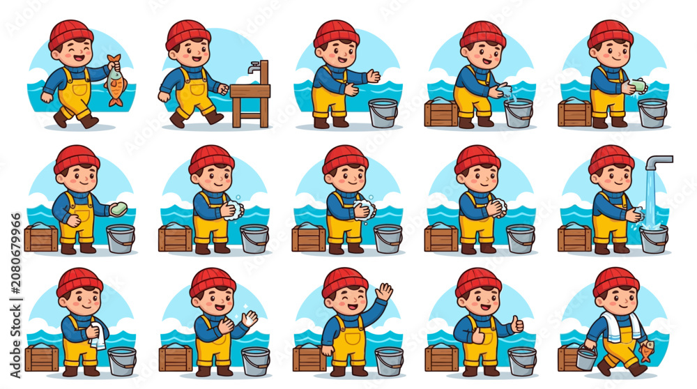 Fototapeta premium Cartoon Fisherman Washing Hands and Fish by the Sea, Step-by-Step Sequence