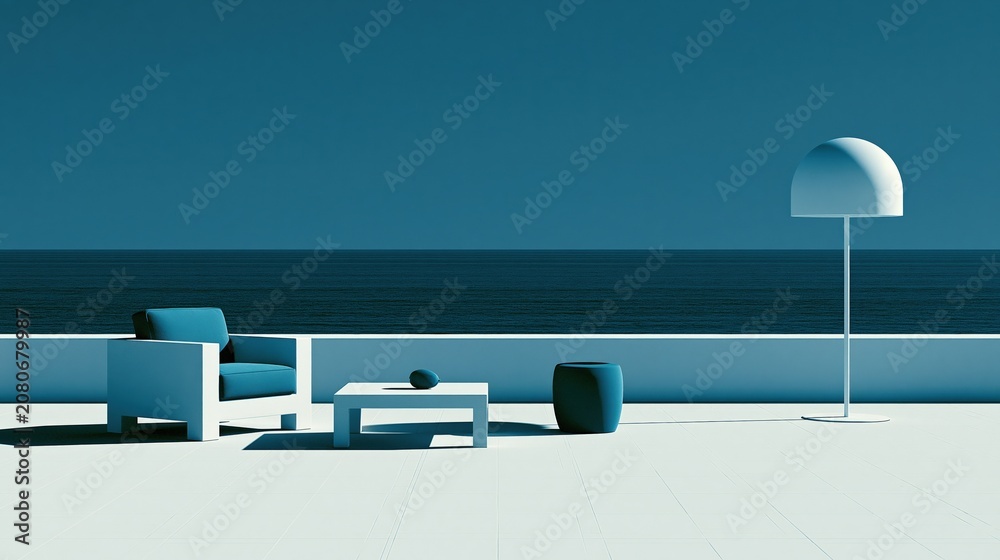 Fototapeta premium Minimalist modern lounge seating area with armchair, coffee table, and floor lamp overlooking a tranquil ocean view
