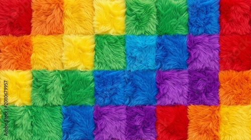 Vibrant furry seamless checkerboard pattern in rainbow colors close up texture