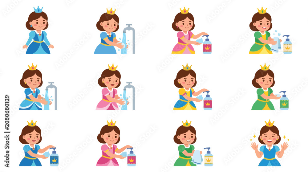 Fototapeta premium Cute Princess Washing Hands with Soap and Water, Hygiene Concept