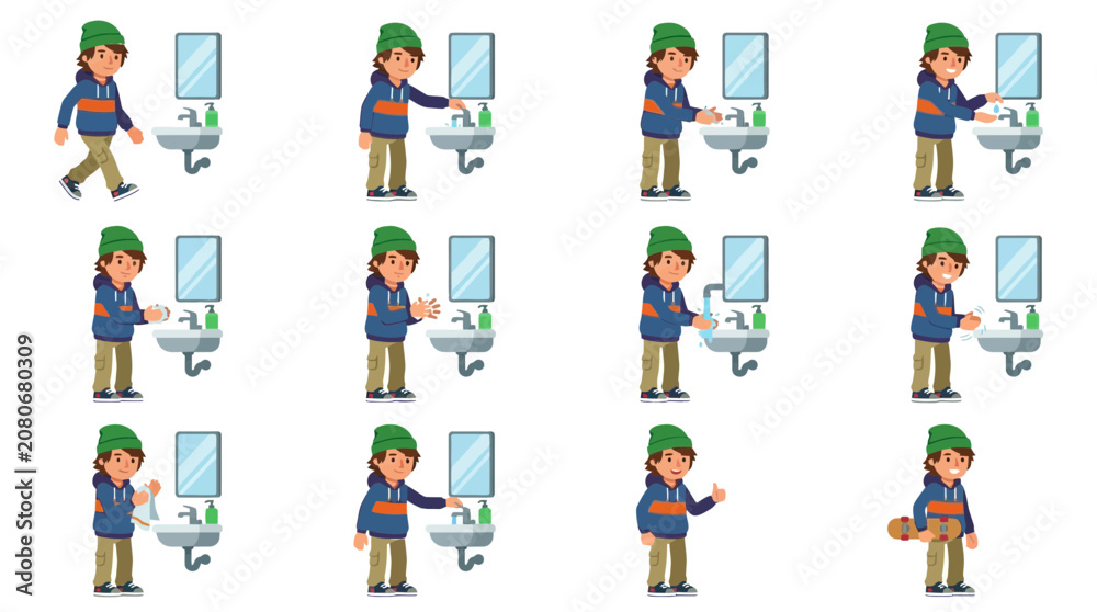 Fototapeta premium Boy Washing Hands Sequence: Step-by-Step Hygiene Guide for Kids