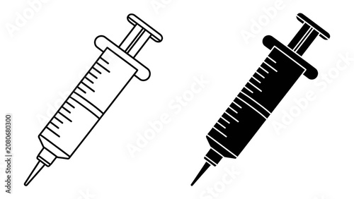 Tableau sur toile Syringe Icons: A pair of medical syringe icons, one in outline and one in solid black, represent medical tools for injection or vaccination