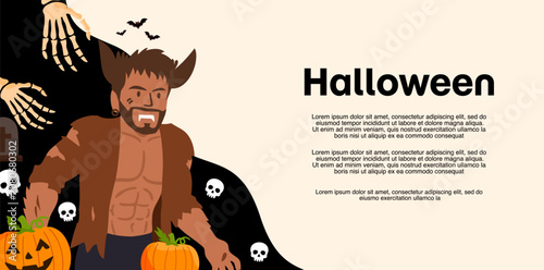 Foto creepy werewolf monster man standing with pumpkins and skulls