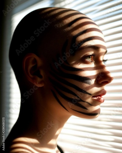 A beautiful girl's face in profile, close-up. Light falls on her face from the upper right through the stripes of blinds, creating dark and light stripes on her face.